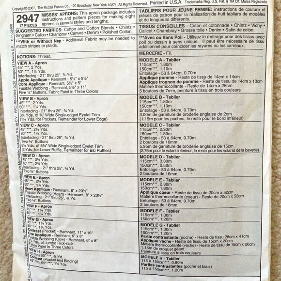 McCalls 2947 Misses Apron Sewing Pattern - NEW Uncut - 1 Pattern with 8 Looks - Picture 3 of 5